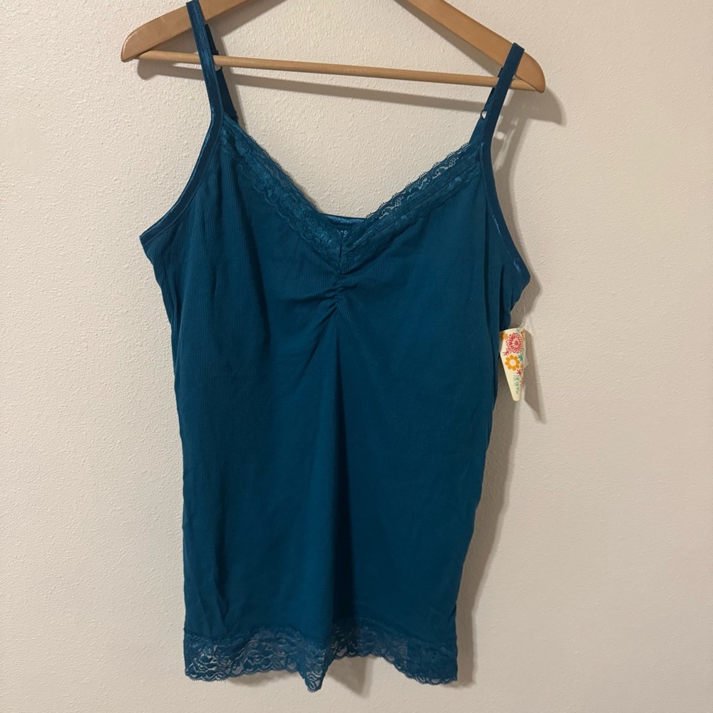 Vintage Y2K Lace Trim Ribbed Cami Teal Dead Stock Shelf Bra Fairy Stretch NWT-2X